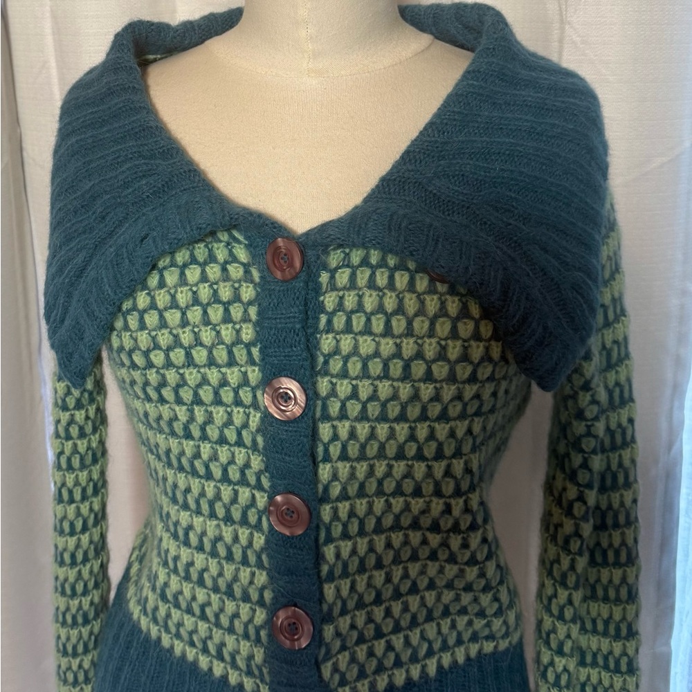 Free People Blue and Green Textured Knit Cardigan